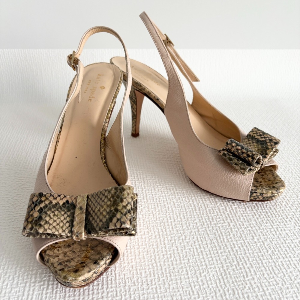 Kate Spade Blush Leather Snakeskin Bow Peep Toe Slingback Stiletto Heels 8